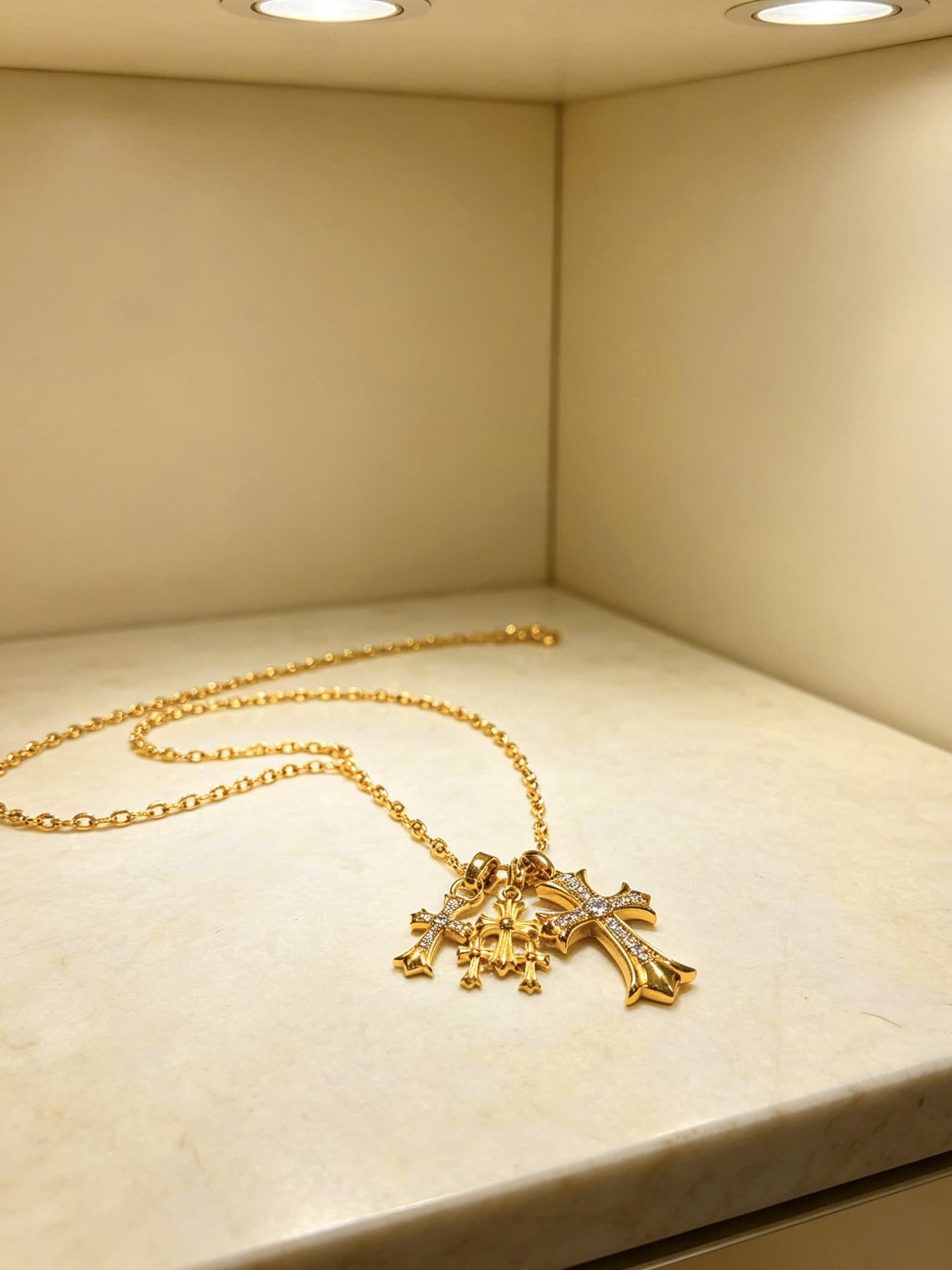Chrome Hearts Gold Cross Pendant Necklace with Pink Stones